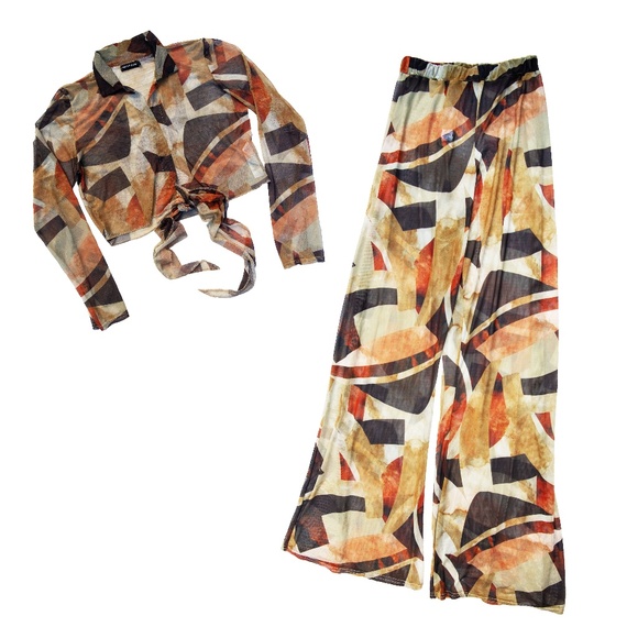 Two Piece Sheer Geometric Set Crop Top and Wide Legged Pants - Picture 2 of 8